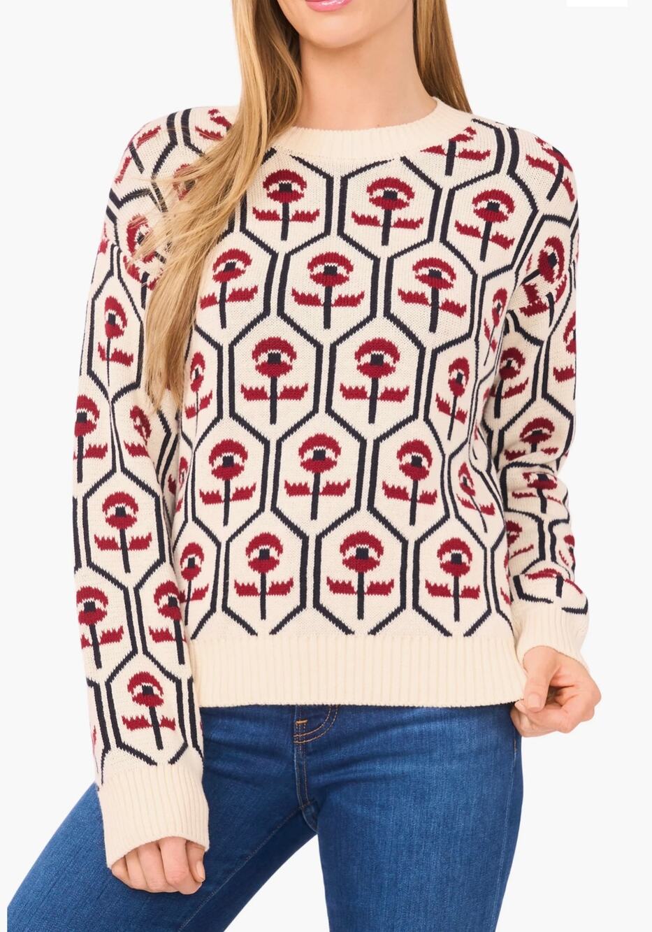 CeCe Floral Jacquard Mock Neck Sweater in Buttercream. Size L